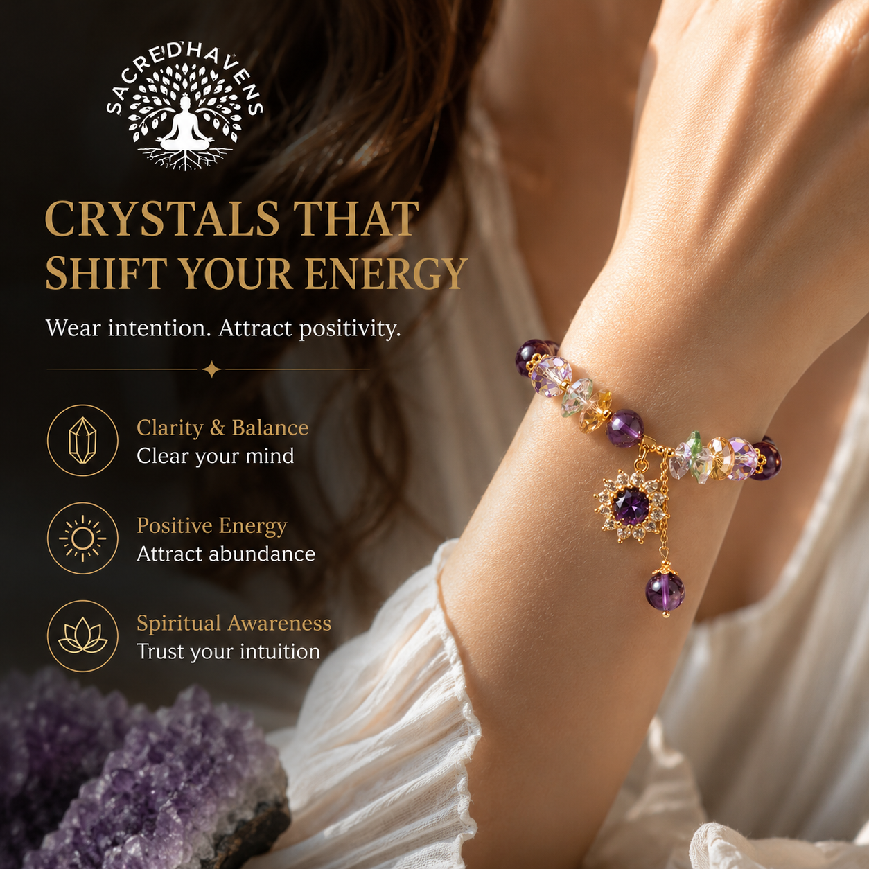 Amethyst, Citrine & Quartz Sunflower Bracelet