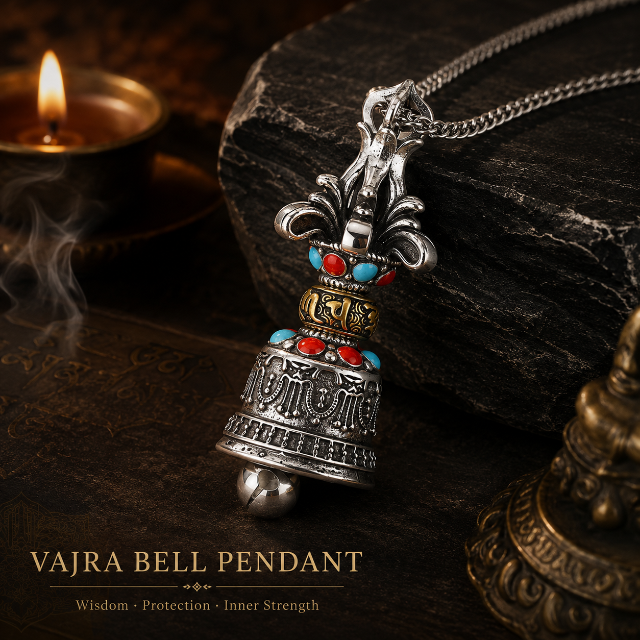 Copper Om Mani Padme Hum Vajra Bell Pendant Necklace