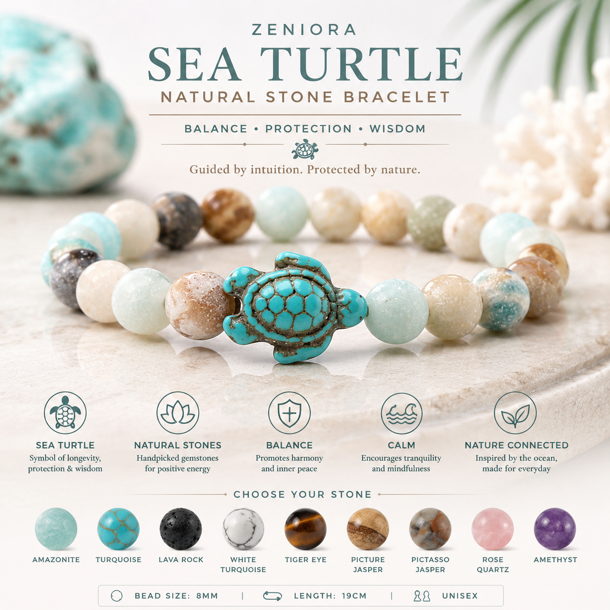 Sea Turtle Natural Stone Beaded Bracelet