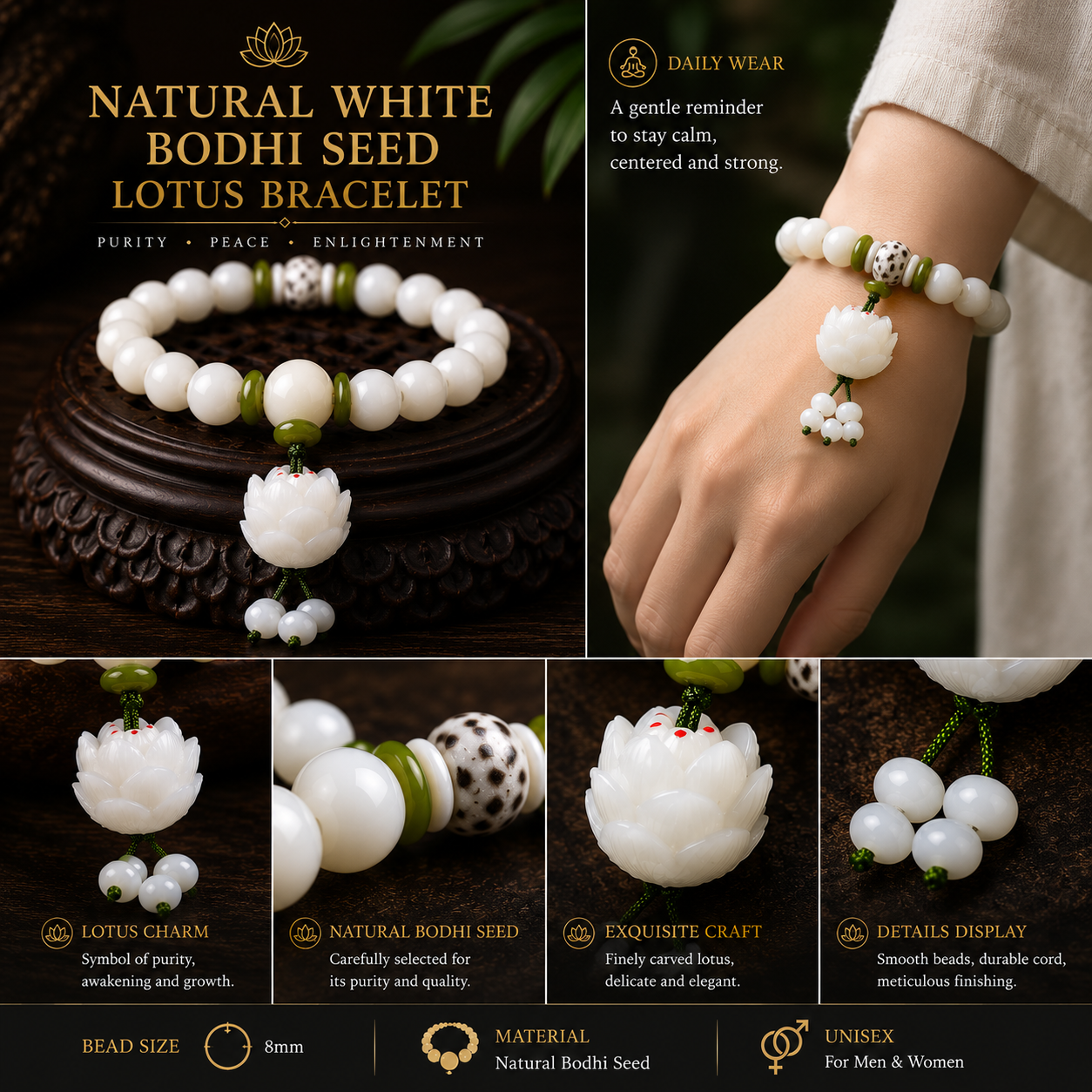 Natural White Bodhi Seed Lotus Bracelet