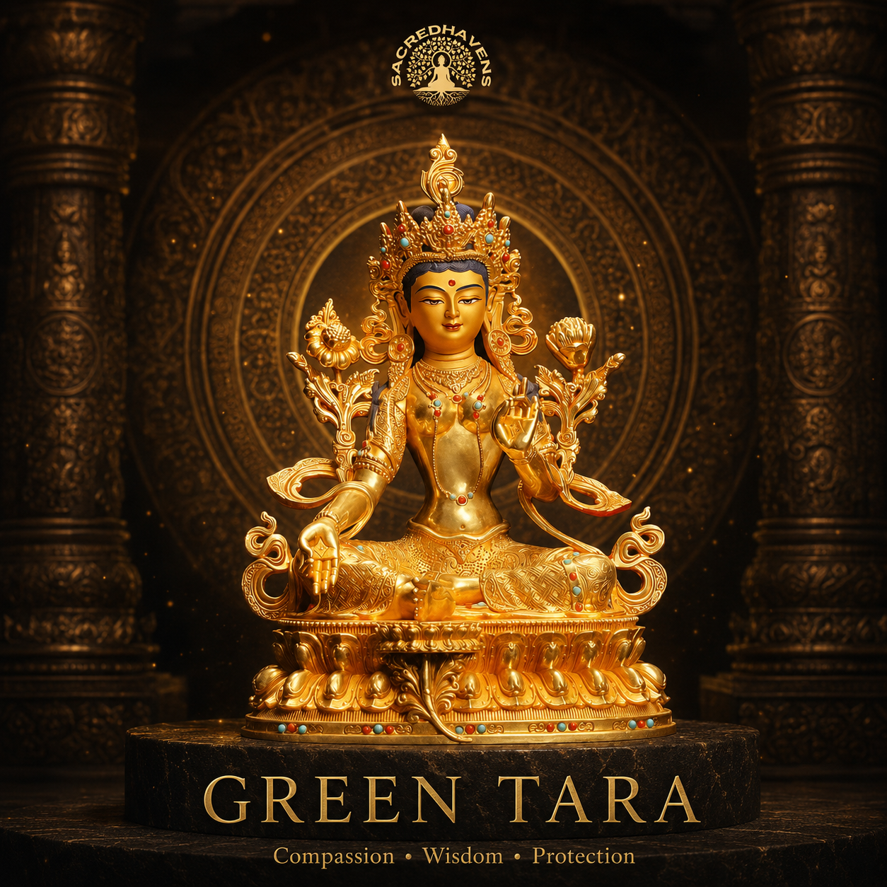 Gilded Green Tara Statue
