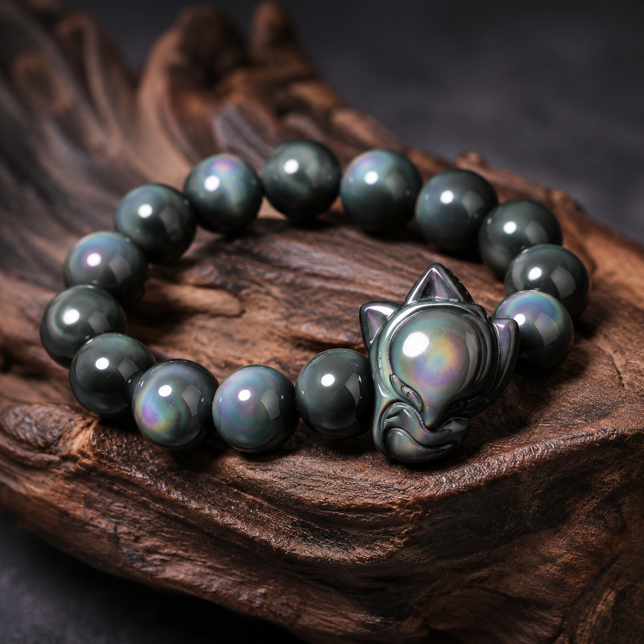 Rainbow Obsidian Fox Charm Bracelet
