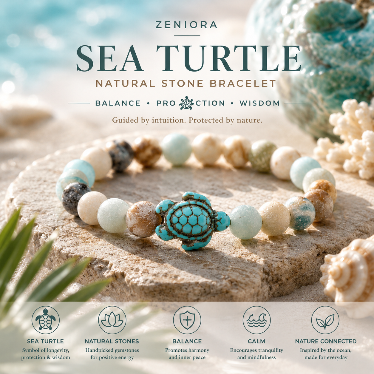 Sea Turtle Natural Stone Beaded Bracelet