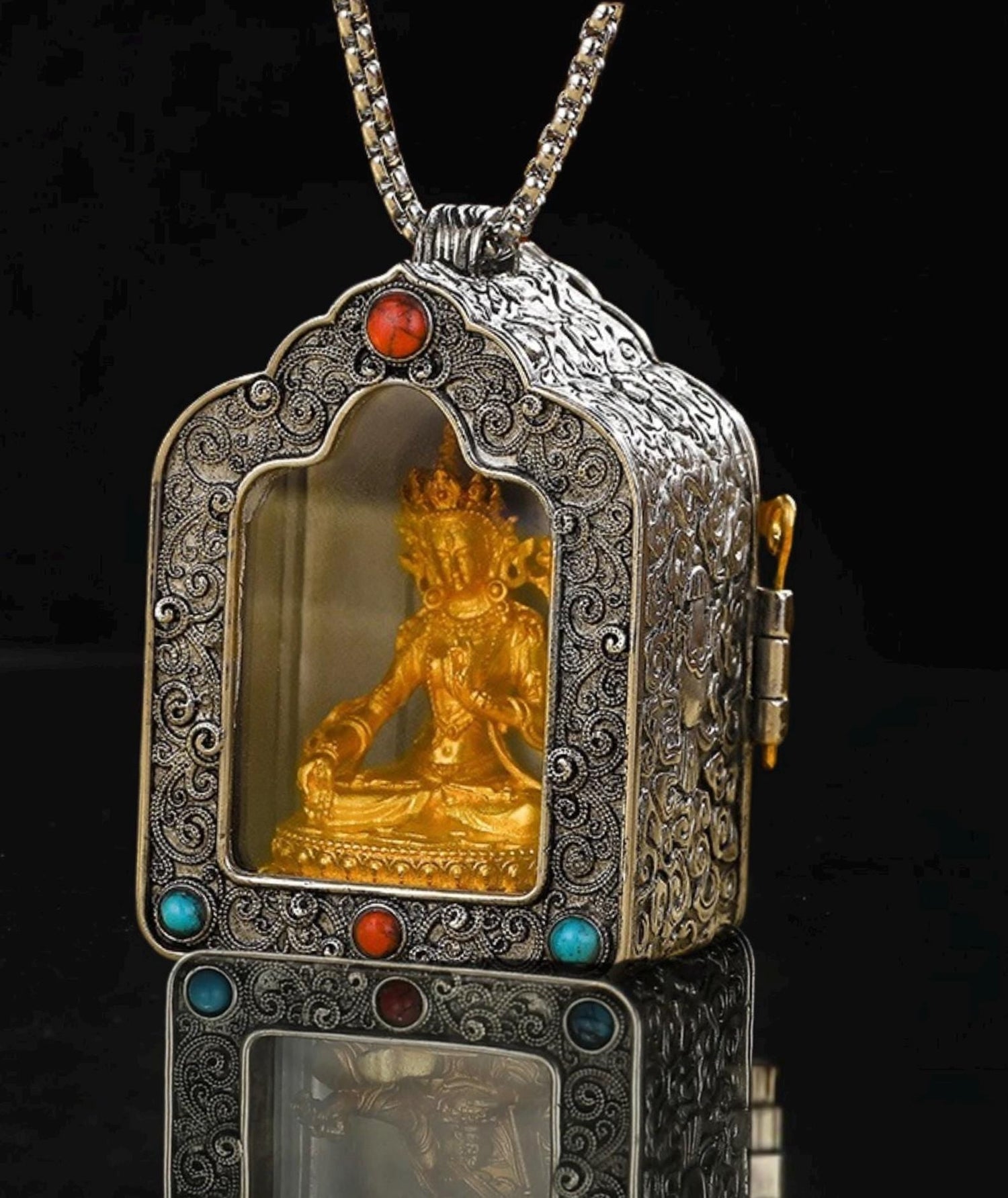 Tibetan Ghau Box Pendant: Brass Buddha Protector Amulet Necklace
