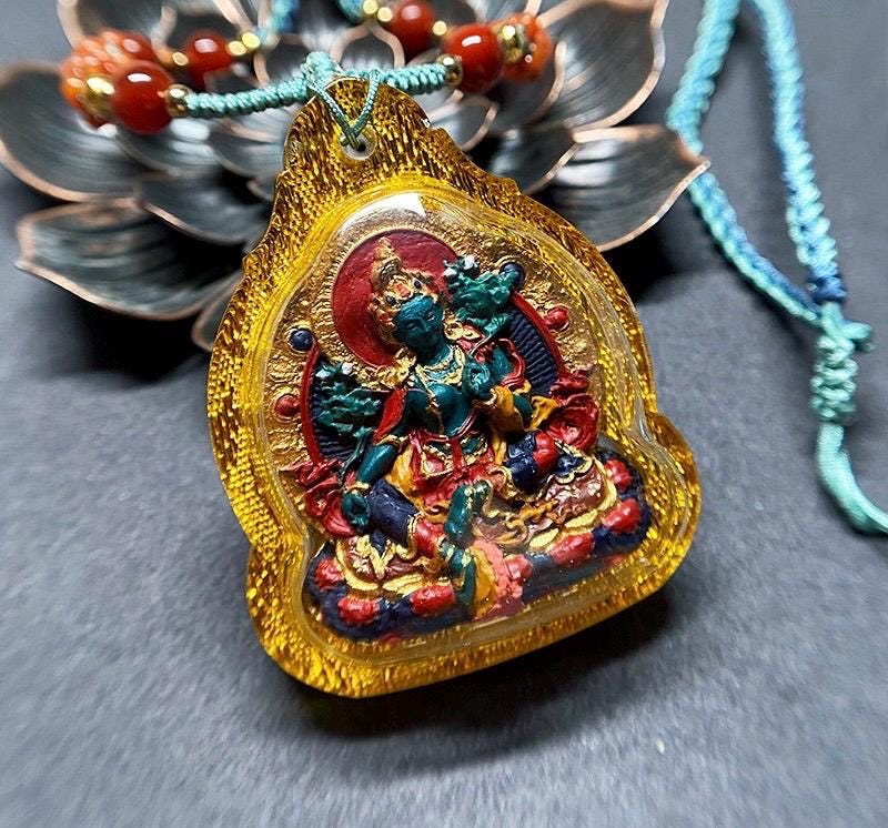 Hand-Painted Green Tara Tsa Tsa Thangka Necklace
