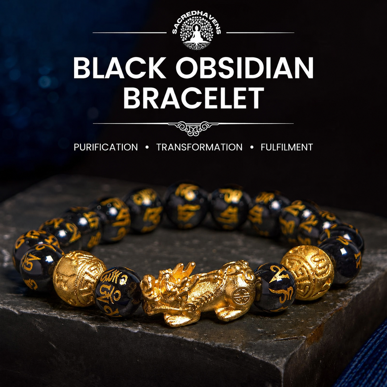 Black Obsidian Pixiu Om Mani Bracelet