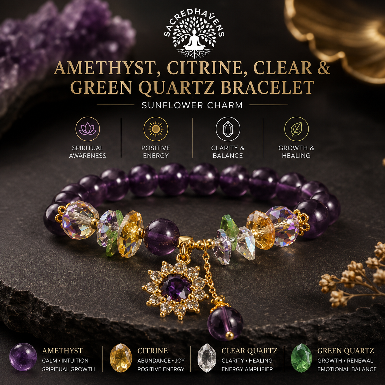 Amethyst, Citrine & Quartz Sunflower Bracelet