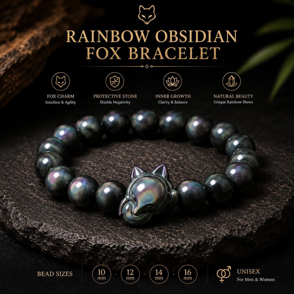 Rainbow Obsidian Fox Charm Bracelet