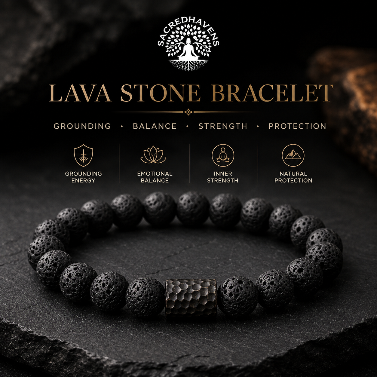 Natural Lava Stone, Tiger Eye & Ebony Wood Bracelet